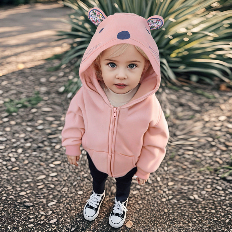 Winter and Autumn Girls Animals Cartoon Pattern Long Sleeves Zip-up Hooded Coat