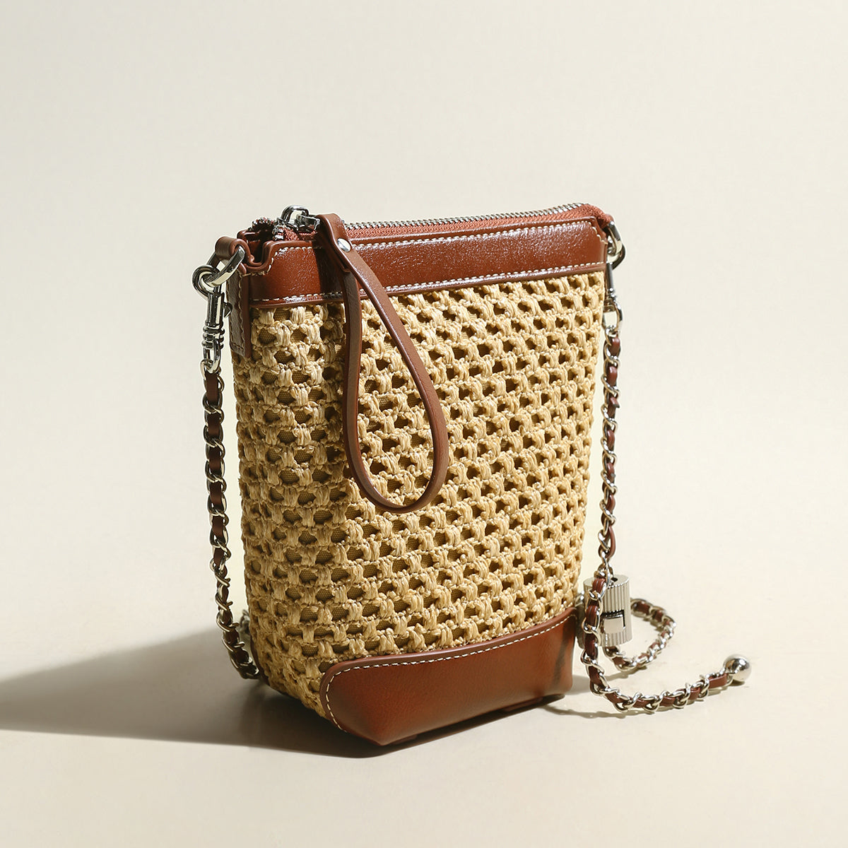 Rustic Rattan Brown Bucket Bag