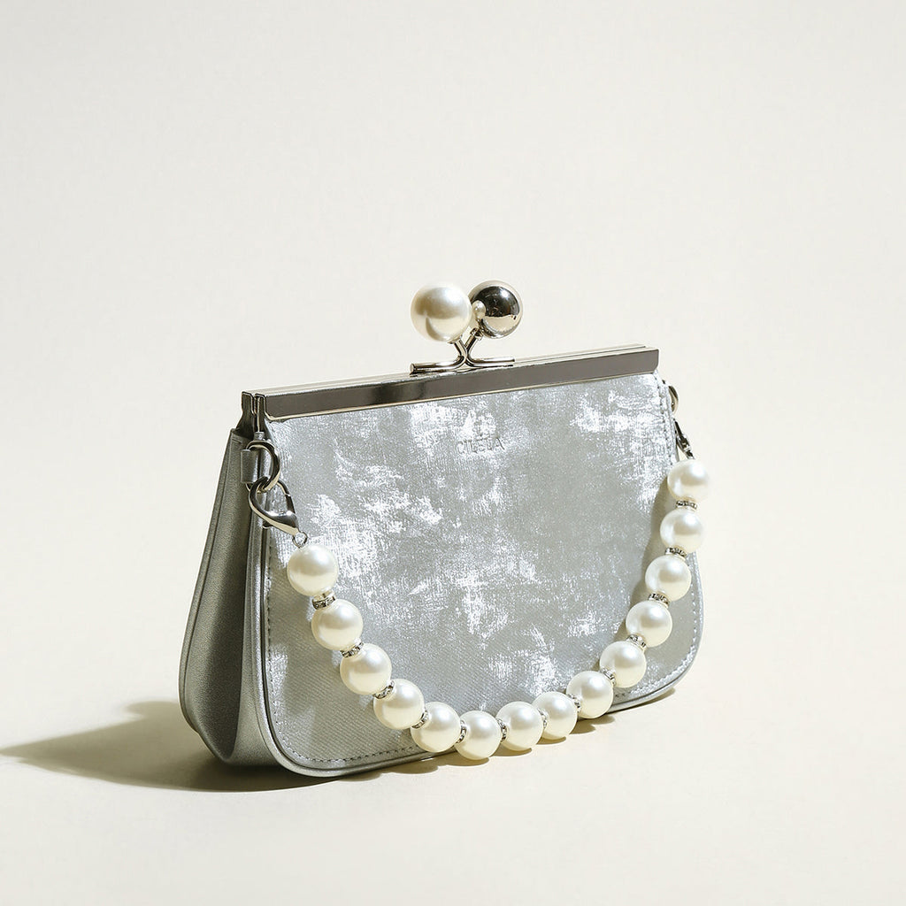 Silver Pearl Ball Clasp Top Handle Bag
