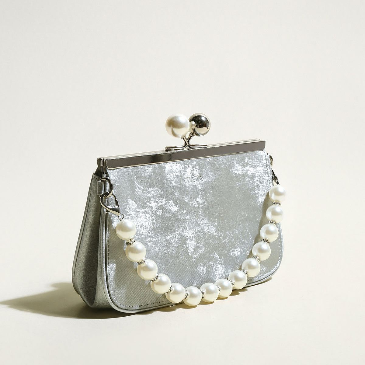 Silver Pearl Ball Clasp Top Handle Bag