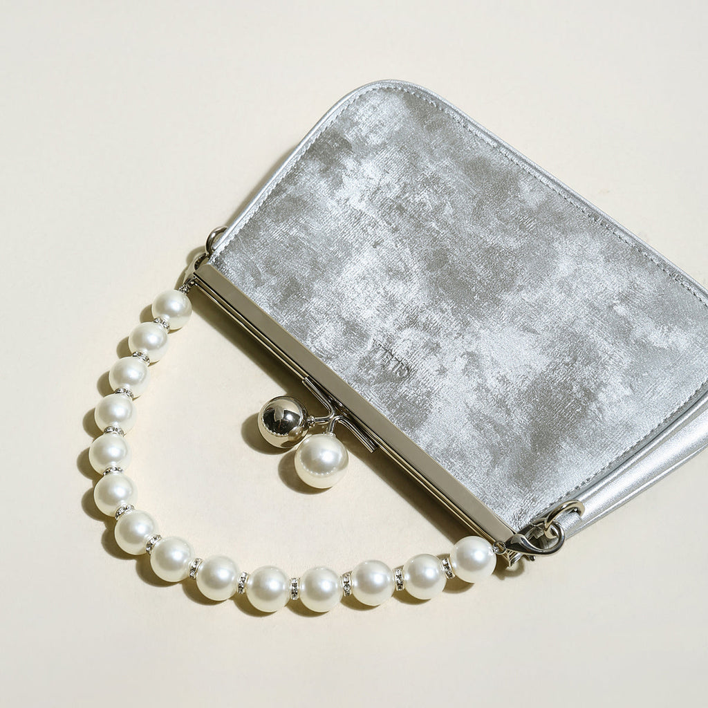 Silver Pearl Ball Clasp Top Handle Bag