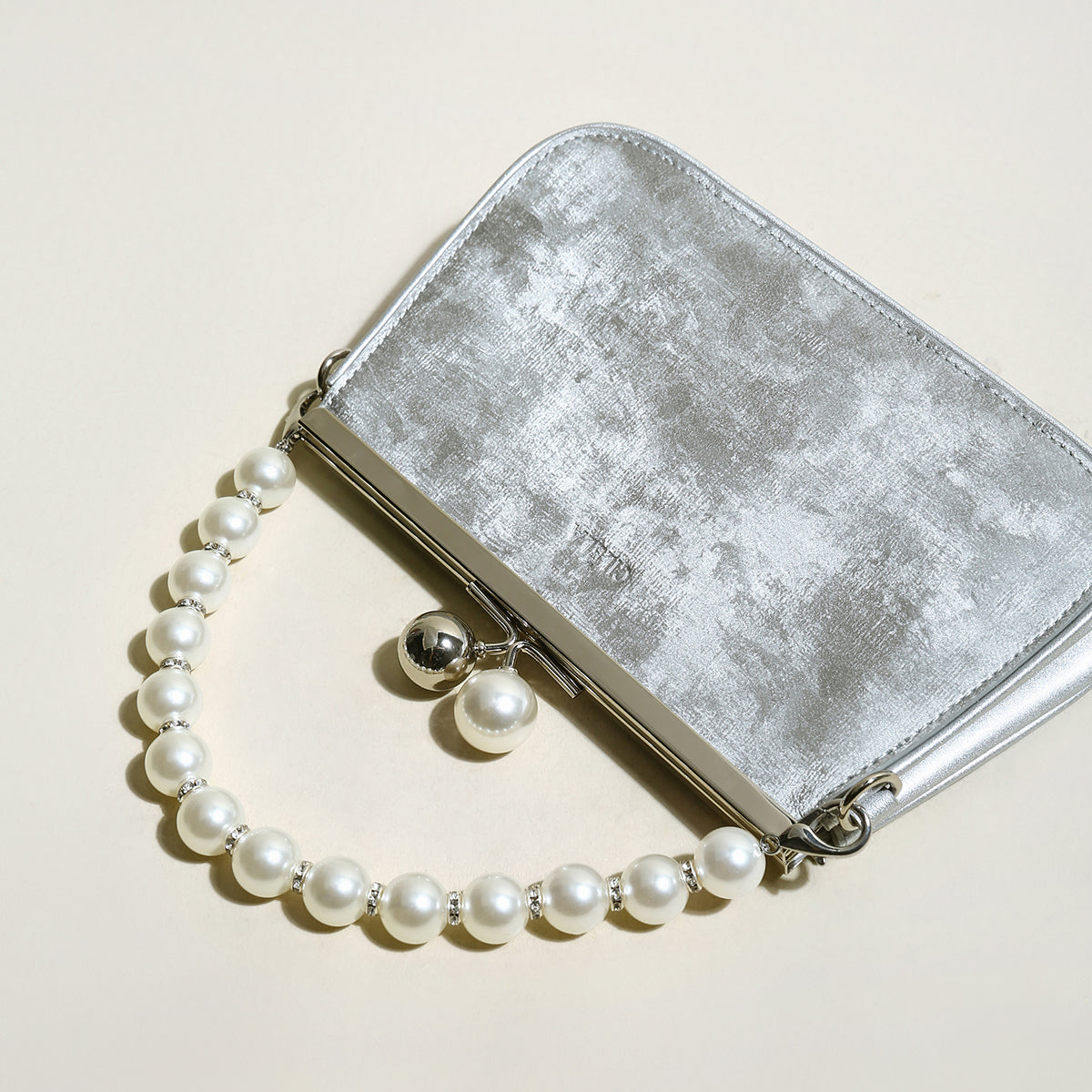 Silver Pearl Ball Clasp Top Handle Bag