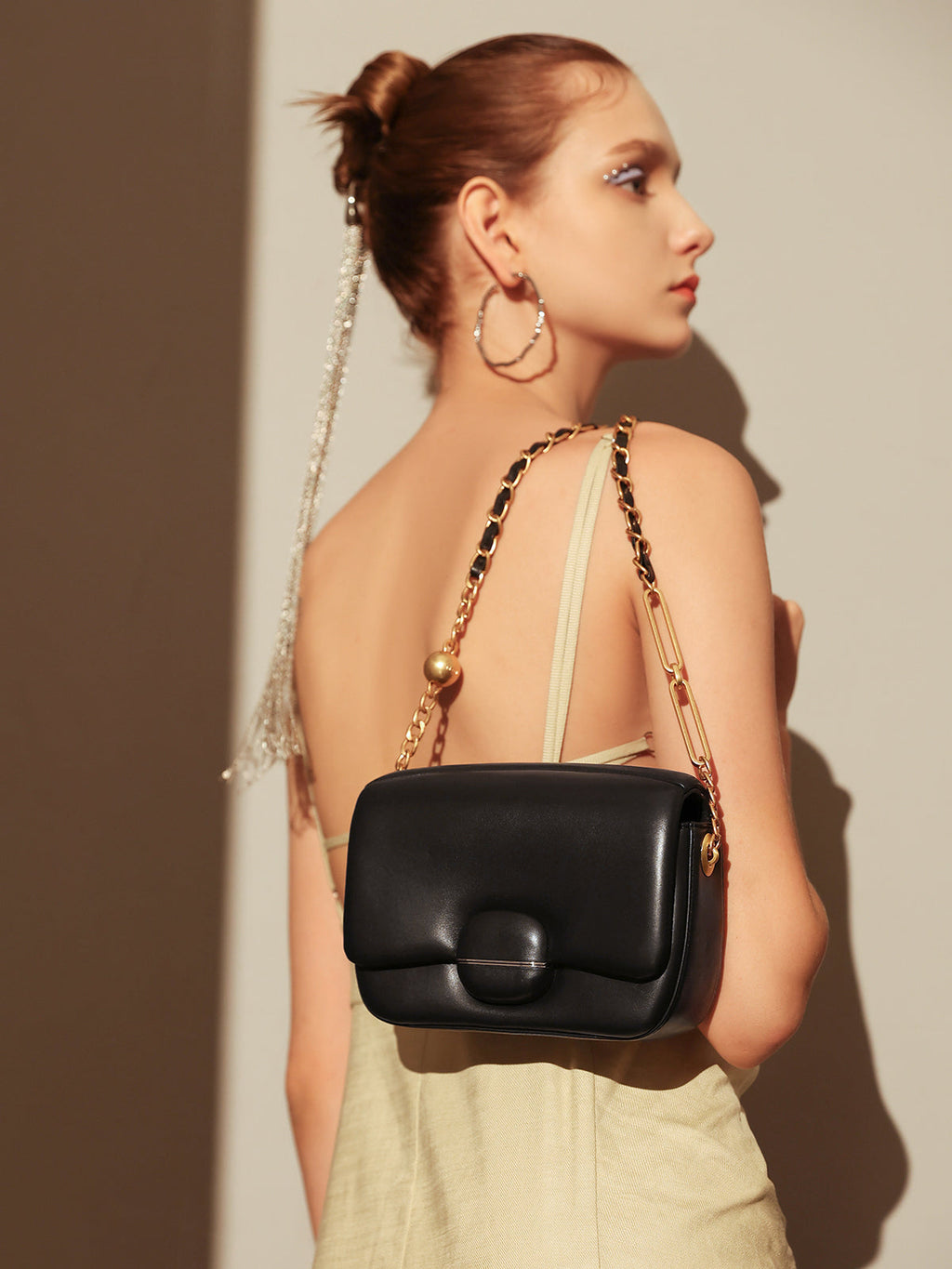 Structured Buckle Leather Shoulder Bag