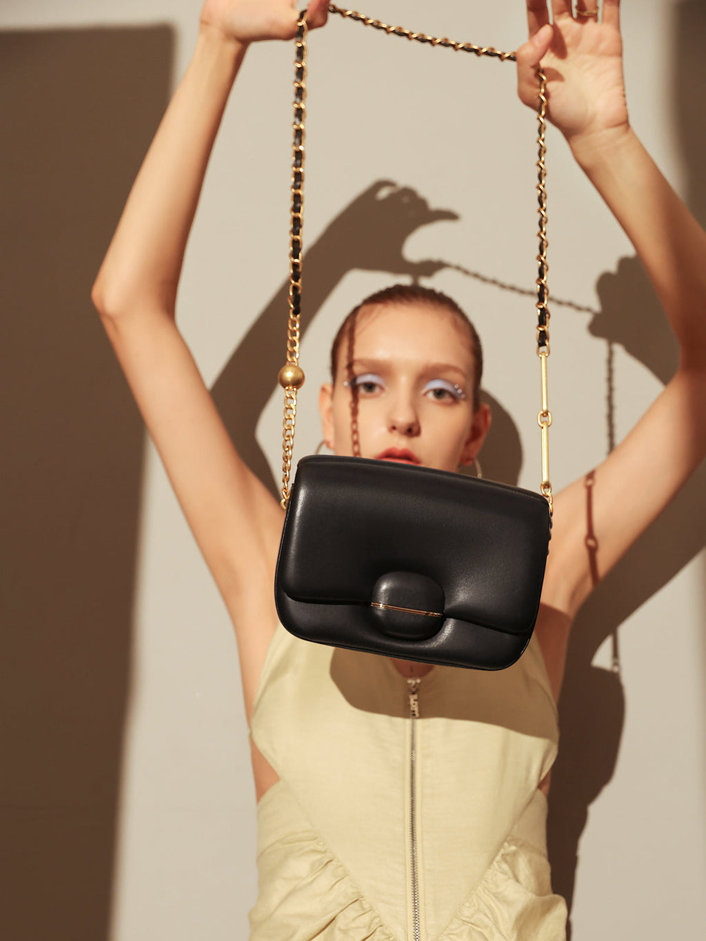 Structured Buckle Leather Shoulder Bag