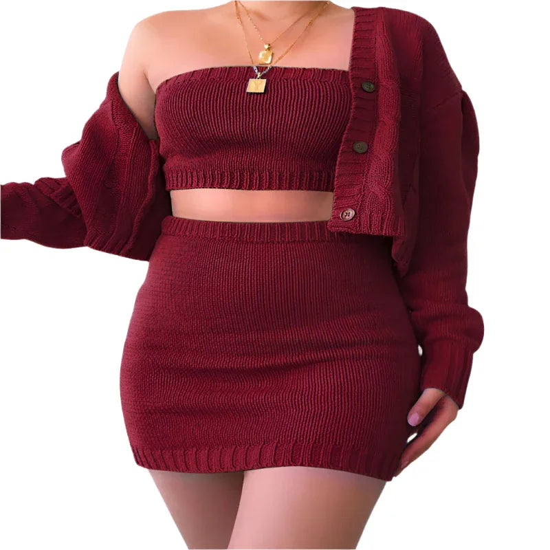 Sweater Crop Top & Skirt Three Piece Clothing Set