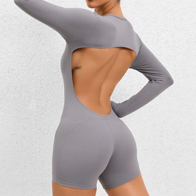 Tight Long Sleeve Open Back Fitness Gym Exercise Sport Jumpsuit For Women