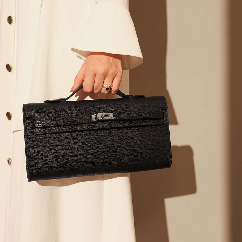 Top-Handle Leather Clutch Bag with Silver Hardware