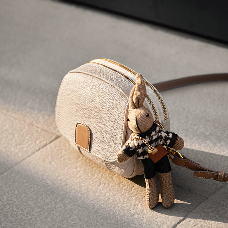 Trendy Rabbit Charm Round Leather Bag
