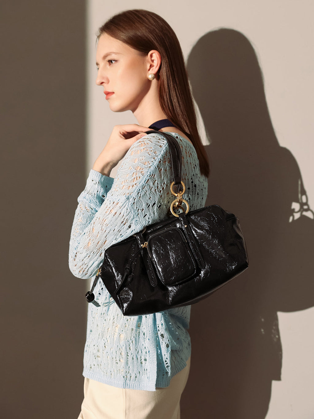 Two Way Shiny Wrinkled Leather Shoulder Bag