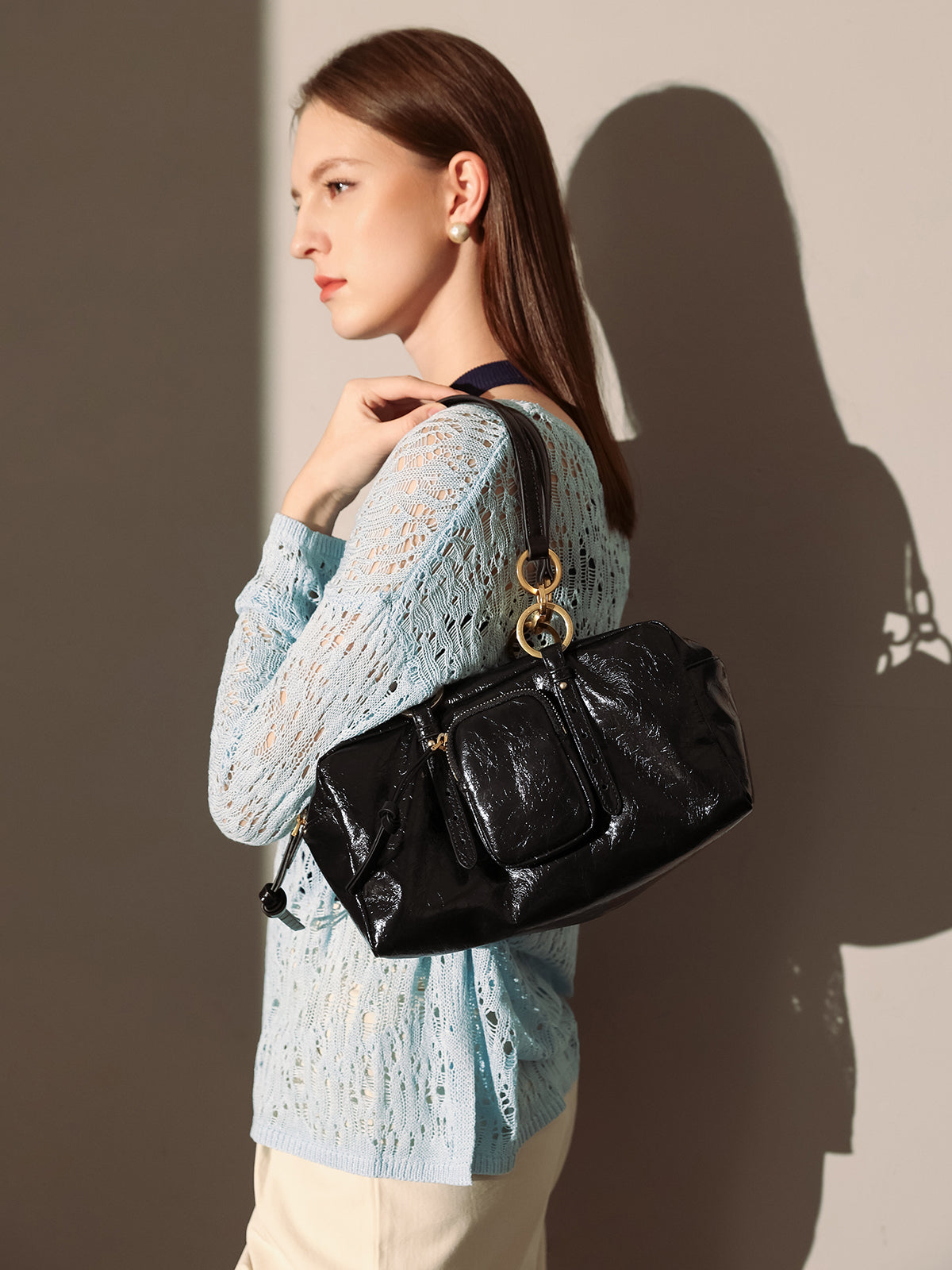 Two Way Shiny Wrinkled Leather Shoulder Bag