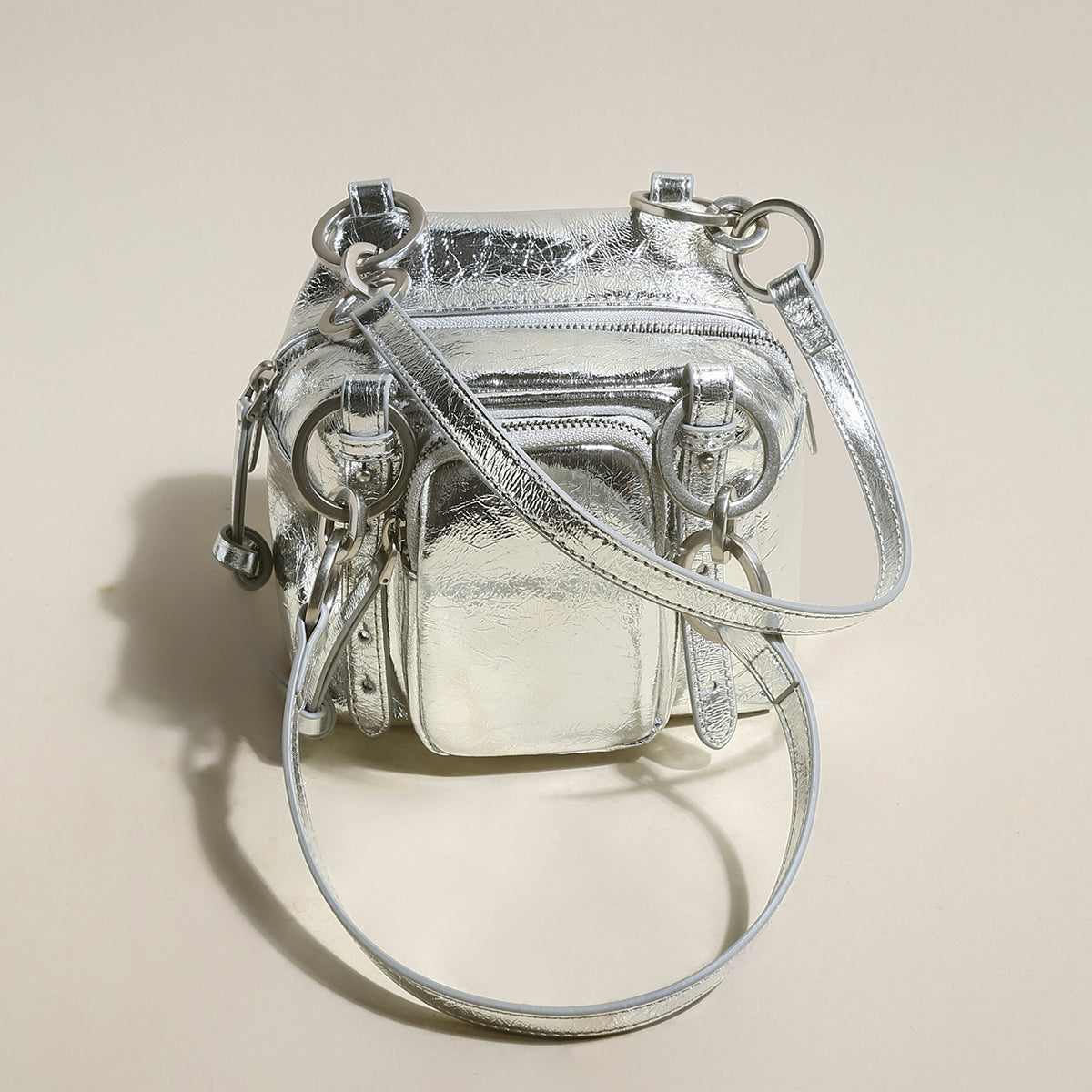 Two Way Shiny Wrinkled Leather Shoulder Bag