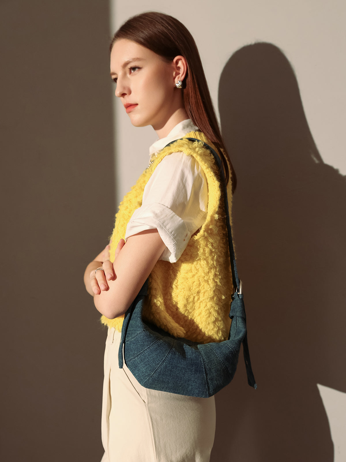 Understated Denim Croissant Mini Shoulder Bag