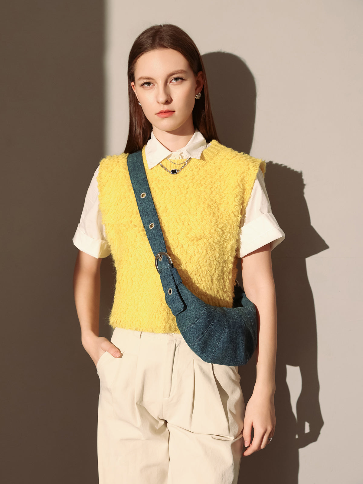 Understated Denim Croissant Mini Shoulder Bag