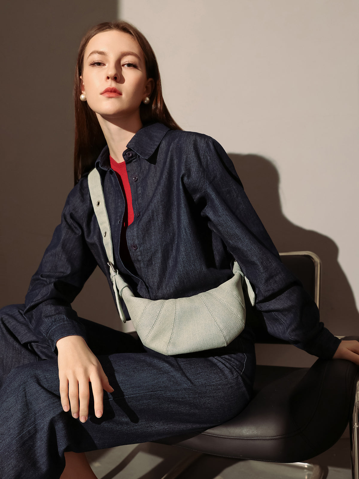 Understated Denim Croissant Mini Shoulder Bag