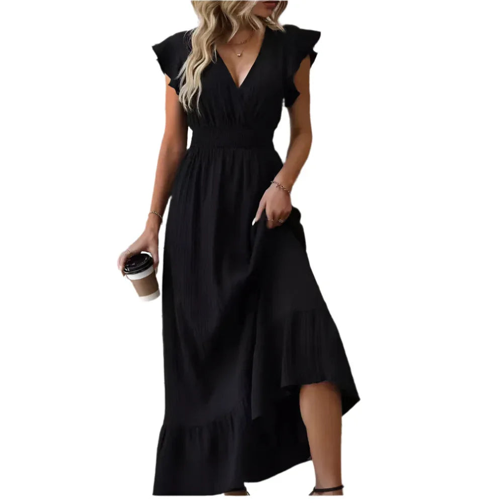 V-Neck Ruffled Sleeve Solid Color Leisure Dress