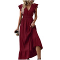 V-Neck Ruffled Sleeve Solid Color Leisure Dress