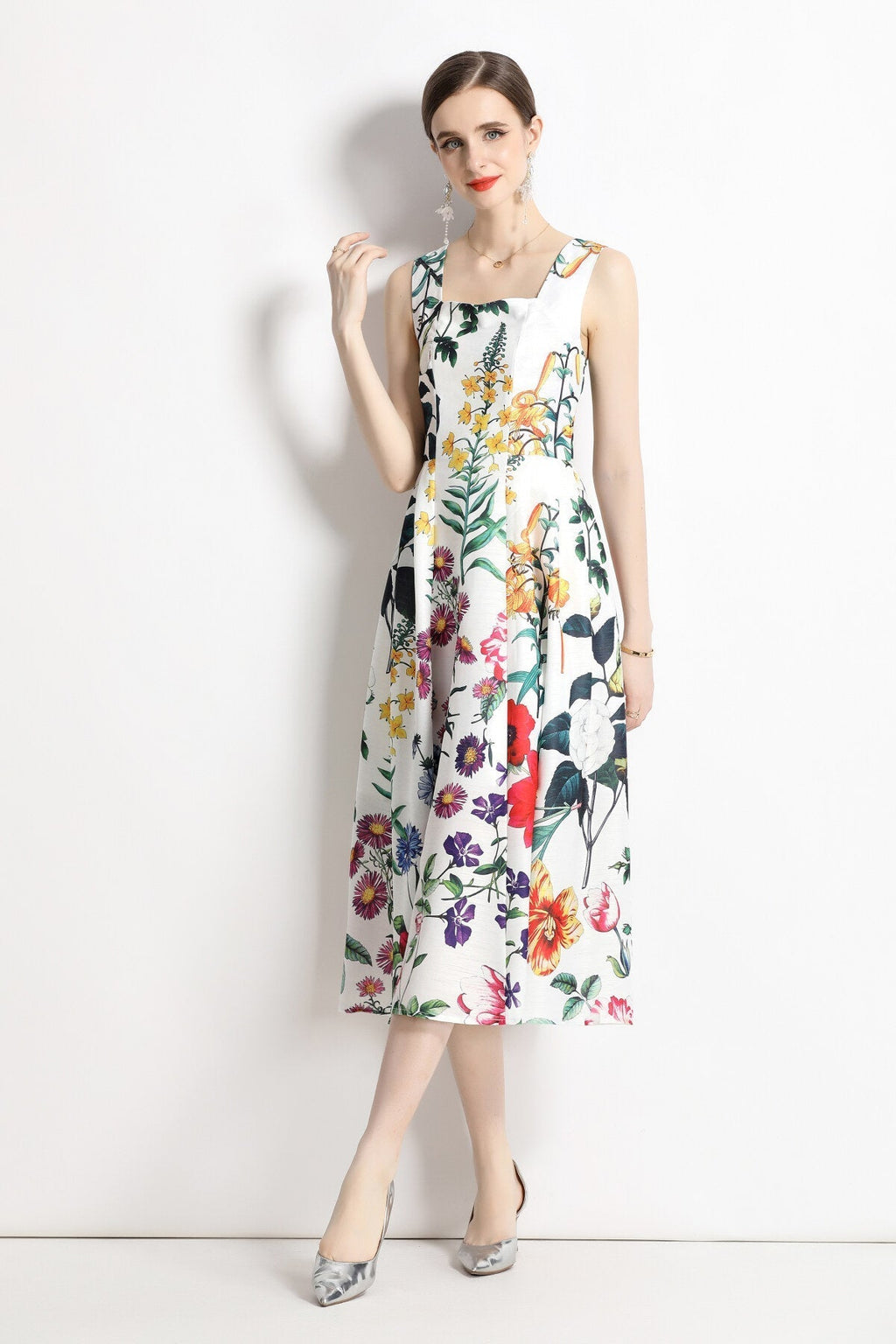 Vintage White Floral High Waisted Thick Strap Dress