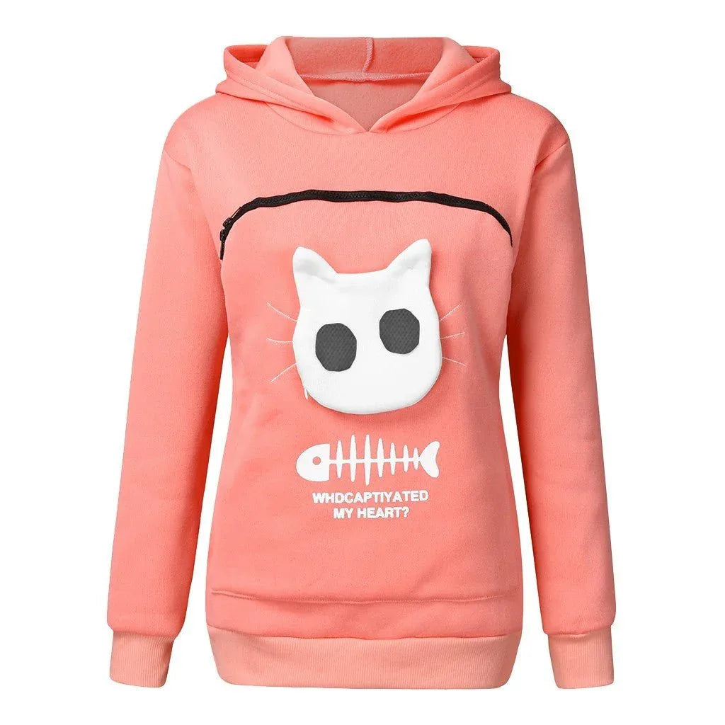 Women's Cat Pet Pocket Design Sweatshirt Long Sleeve Hoodies