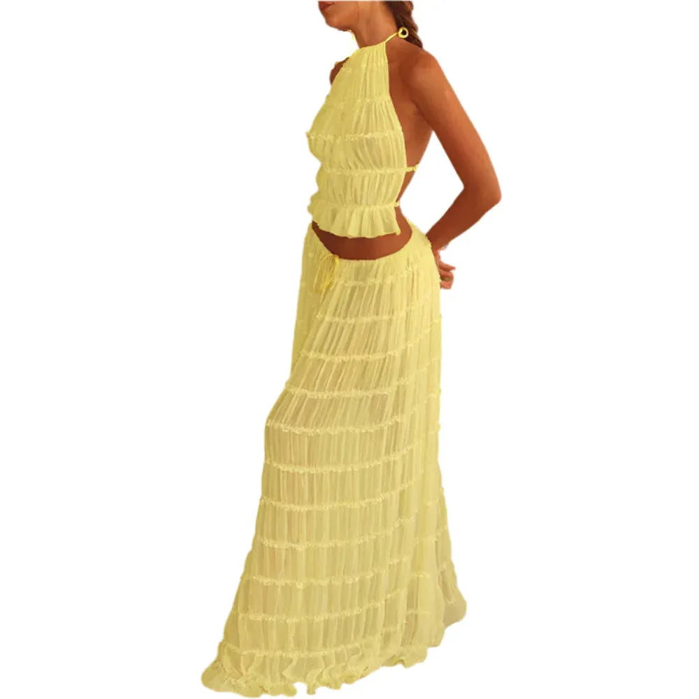 Women's Long Dress & Sleeveless Backless Top 2pcs Clothing Set
