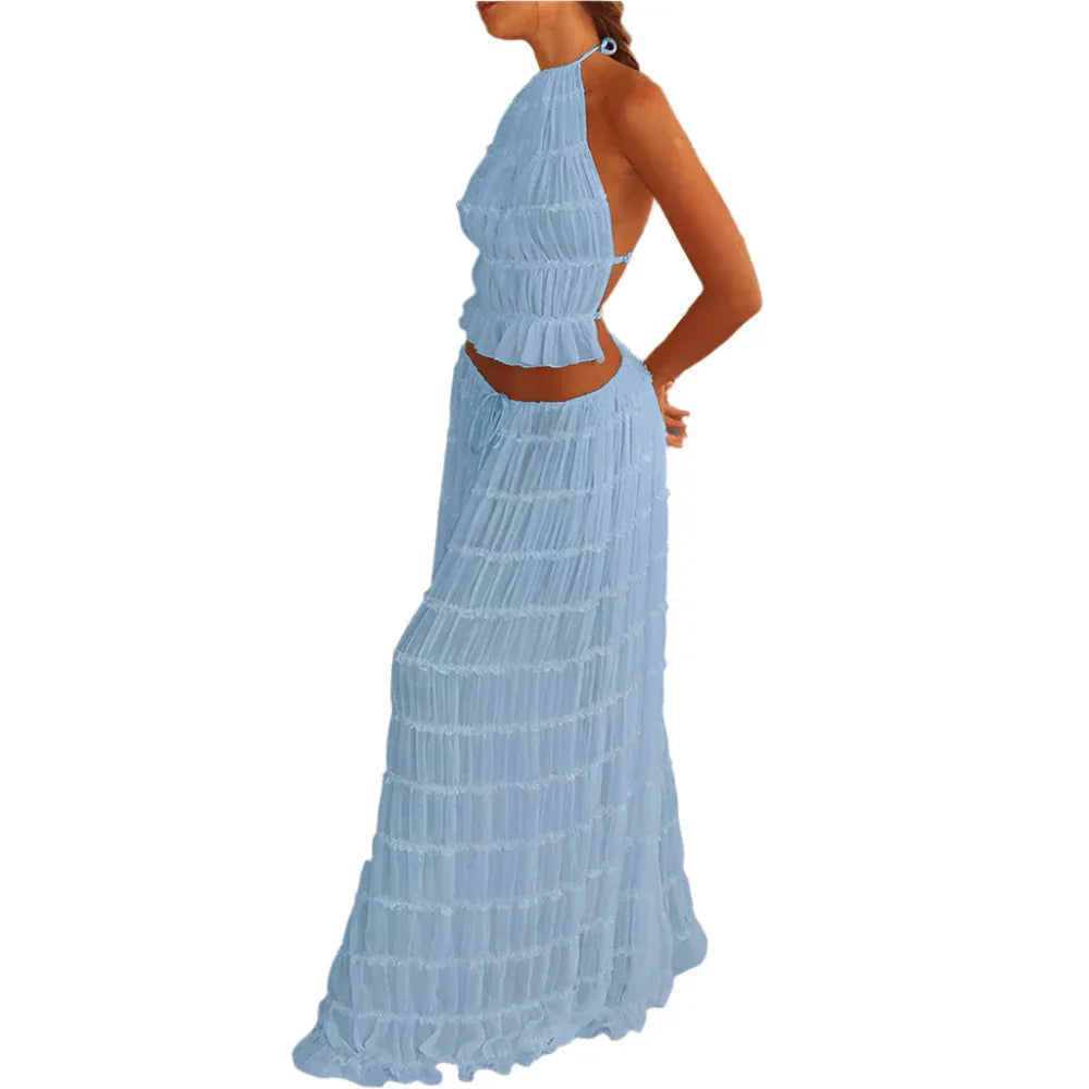 Women's Long Dress & Sleeveless Backless Top 2pcs Clothing Set