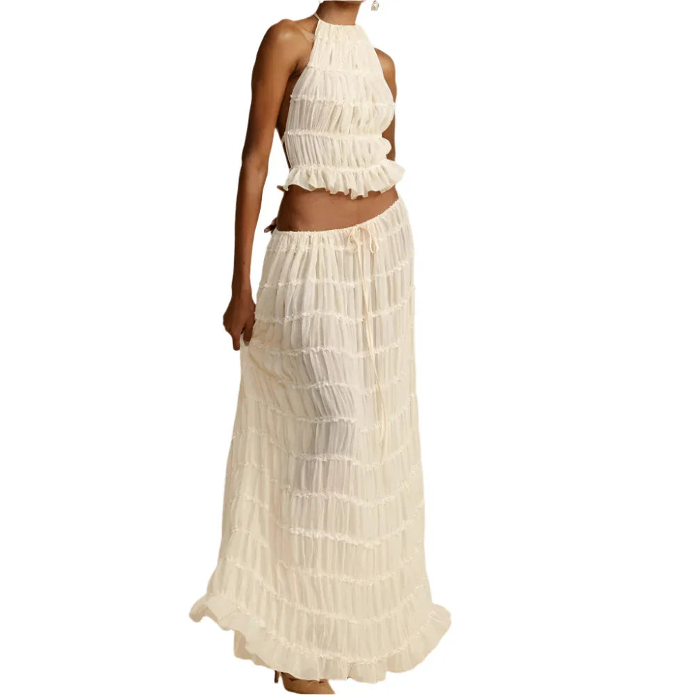 Women's Long Dress & Sleeveless Backless Top 2pcs Clothing Set