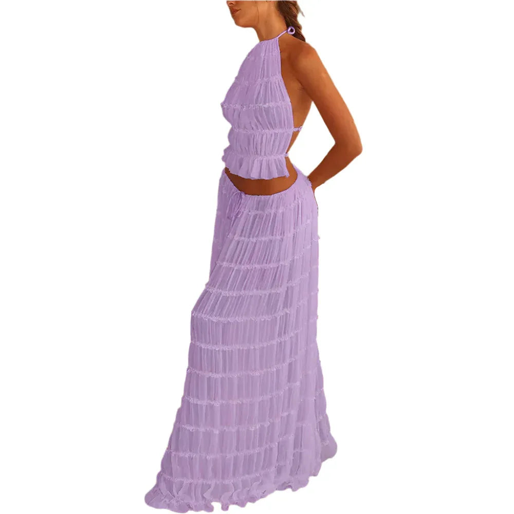 Women's Long Dress & Sleeveless Backless Top 2pcs Clothing Set