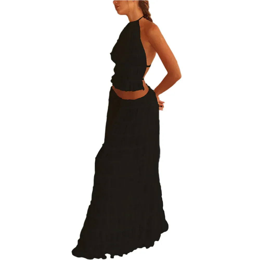 Women's Long Dress & Sleeveless Backless Top 2pcs Clothing Set