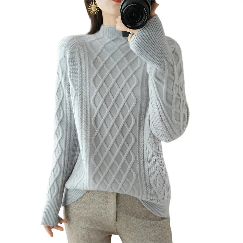 Women's Loose Fit Turtleneck Twisted Wool Sweater