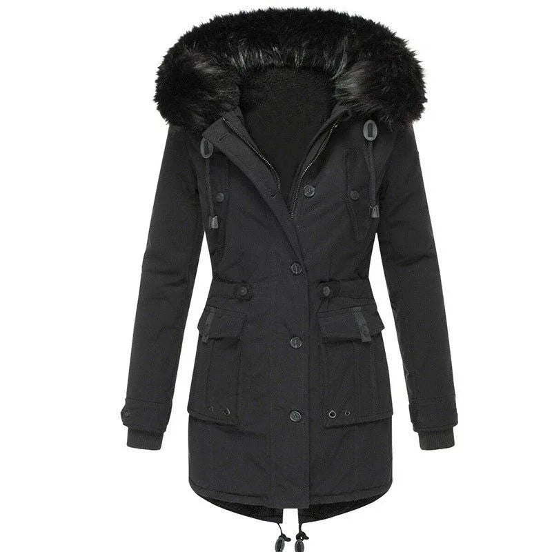 Women's Mid-Length Thick Hooded Drawstring Winter Jacket
