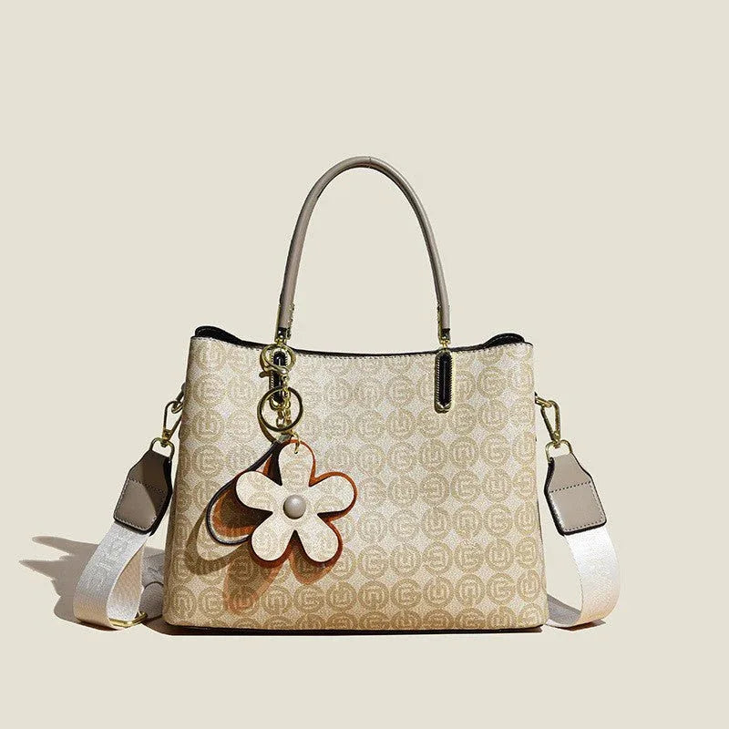 Women's PU Leather Handbag With Flower Pendant & Removable Shoulder Strap