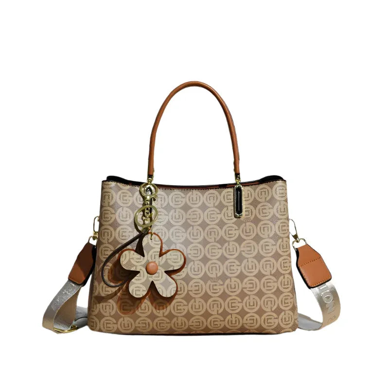 Women's PU Leather Handbag With Flower Pendant & Removable Shoulder Strap