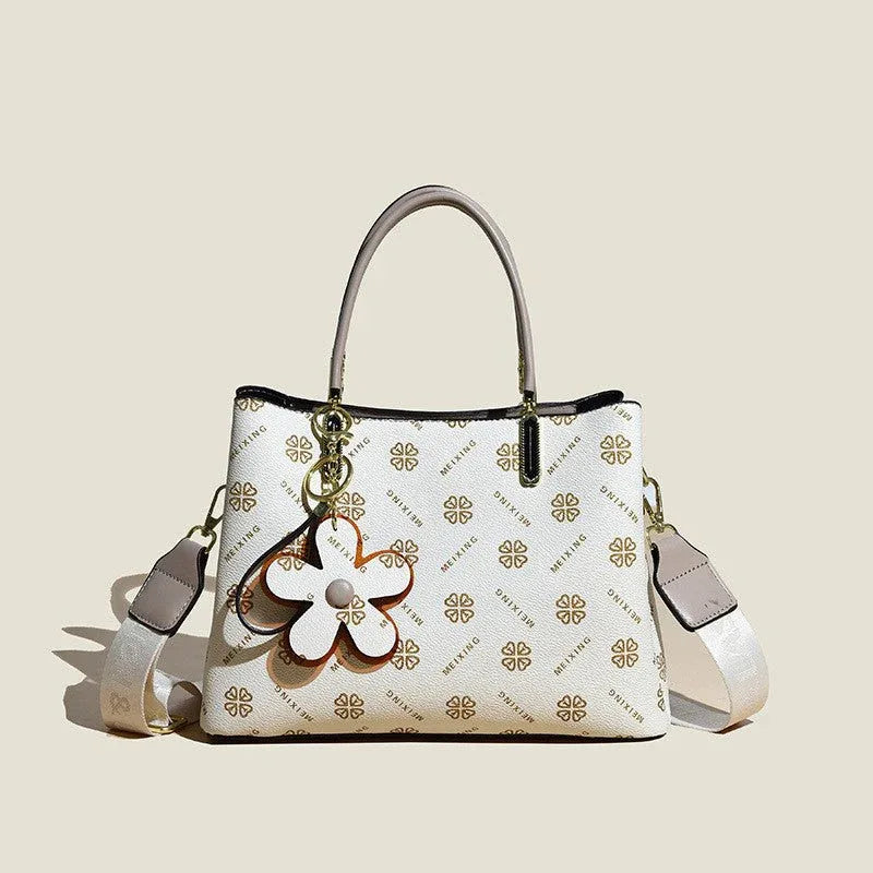 Women's PU Leather Handbag With Flower Pendant & Removable Shoulder Strap