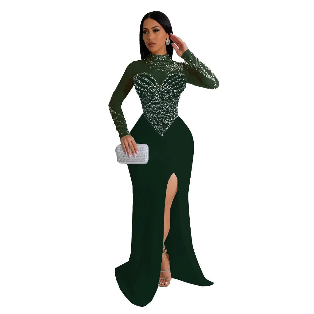 Women's Rhinestone Pearl See-Through Waist-Tight Stretch Split Dress