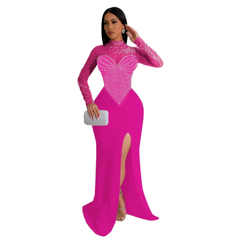 Women's Rhinestone Pearl See-Through Waist-Tight Stretch Split Dress