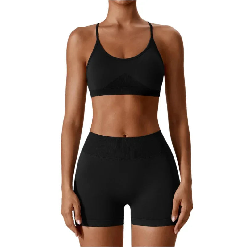 Women's Seamless Open Back Sports Bra & Gym Shorts Quick-Drying Close Fit Gym Clothing Set