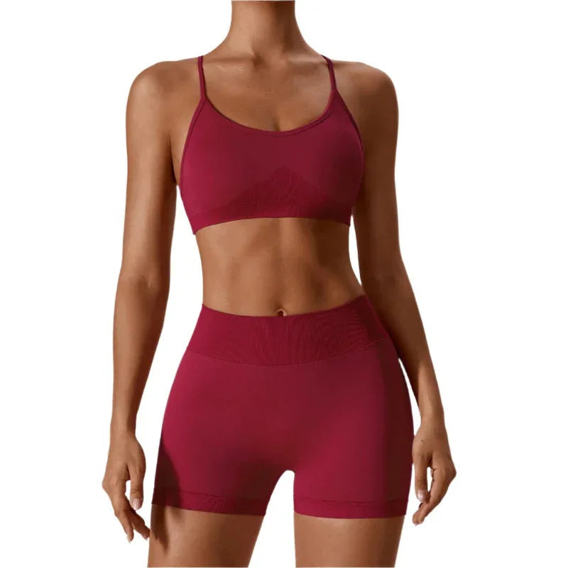 Women's Seamless Open Back Sports Bra & Gym Shorts Quick-Drying Close Fit Gym Clothing Set