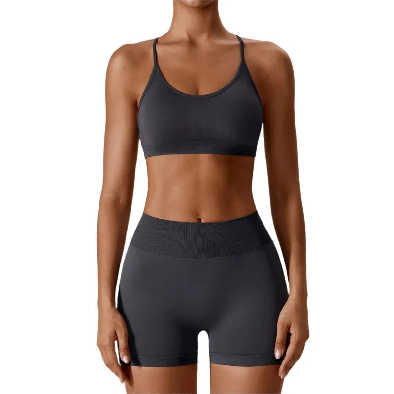 Women's Seamless Open Back Sports Bra & Gym Shorts Quick-Drying Close Fit Gym Clothing Set