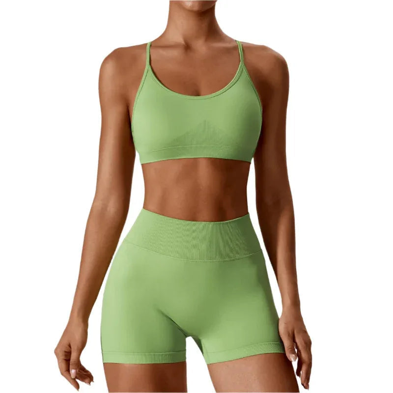 Women's Seamless Open Back Sports Bra & Gym Shorts Quick-Drying Close Fit Gym Clothing Set