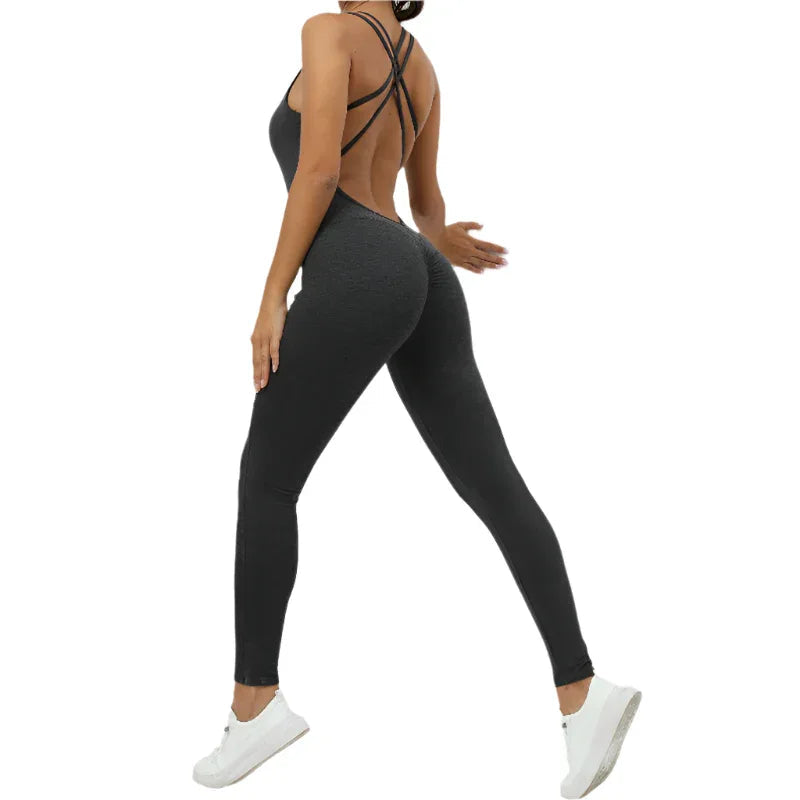 Yoga Jumpsuit With Cross-Strap Back Design Quick-Drying Tight-Fitting Running Sports Fitness Womens Gym Clothing