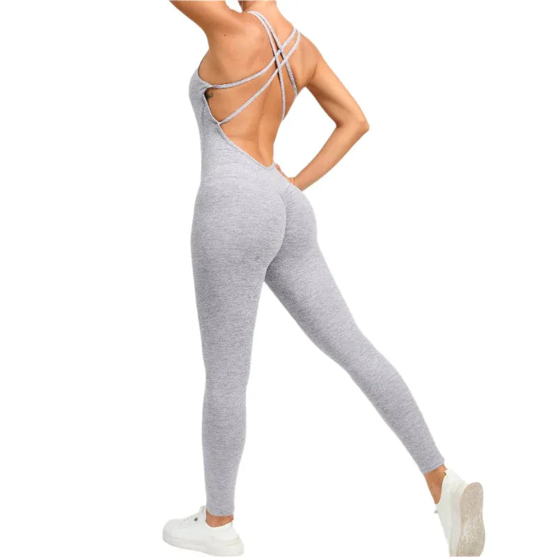 Yoga Jumpsuit With Cross-Strap Back Design Quick-Drying Tight-Fitting Running Sports Fitness Womens Gym Clothing