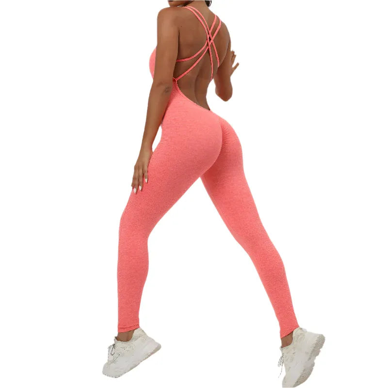 Yoga Jumpsuit With Cross-Strap Back Design Quick-Drying Tight-Fitting Running Sports Fitness Womens Gym Clothing