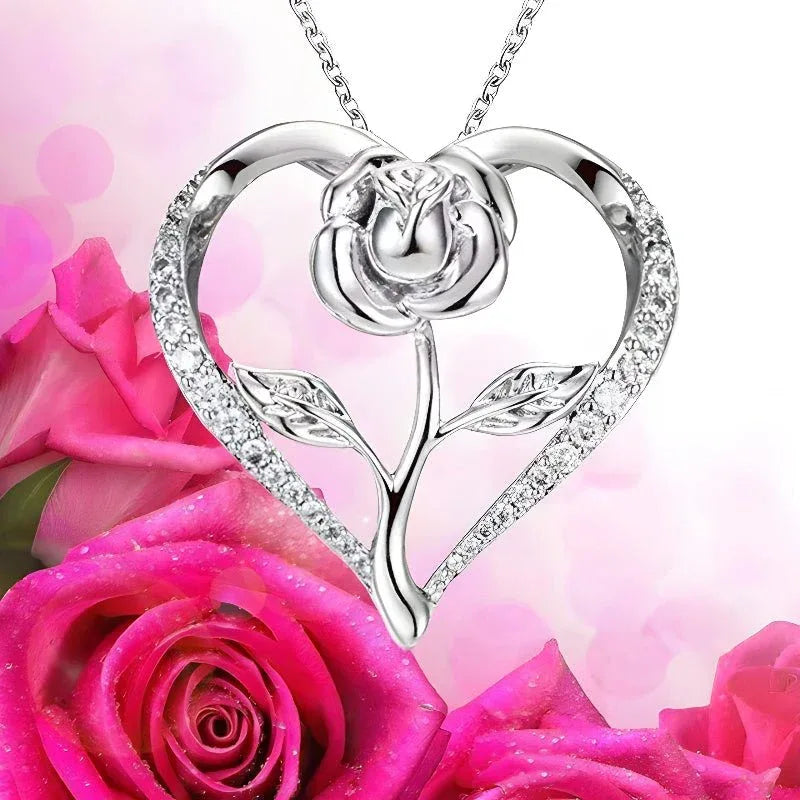 Zircon Heart Rose Silver Necklace For Women